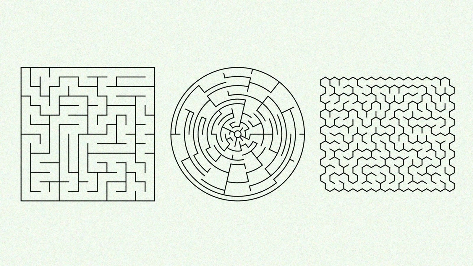 Side-by-side comparison of a rectangular maze, a circular maze, and a hexagonal maze at the same difficulty