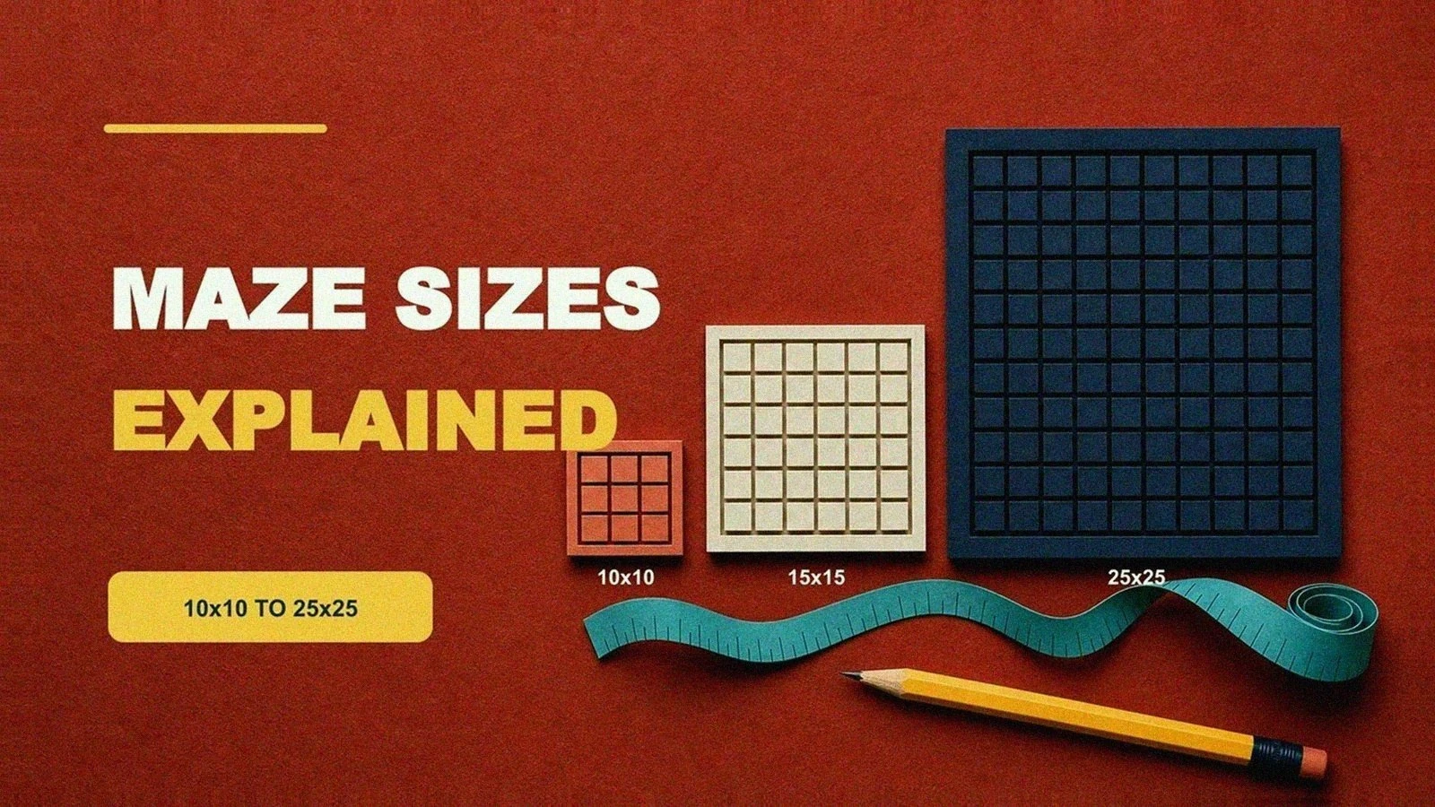 Three progressively larger grid examples labeled 10 by 10, 15 by 15, and 25 by 25 with a measuring tape