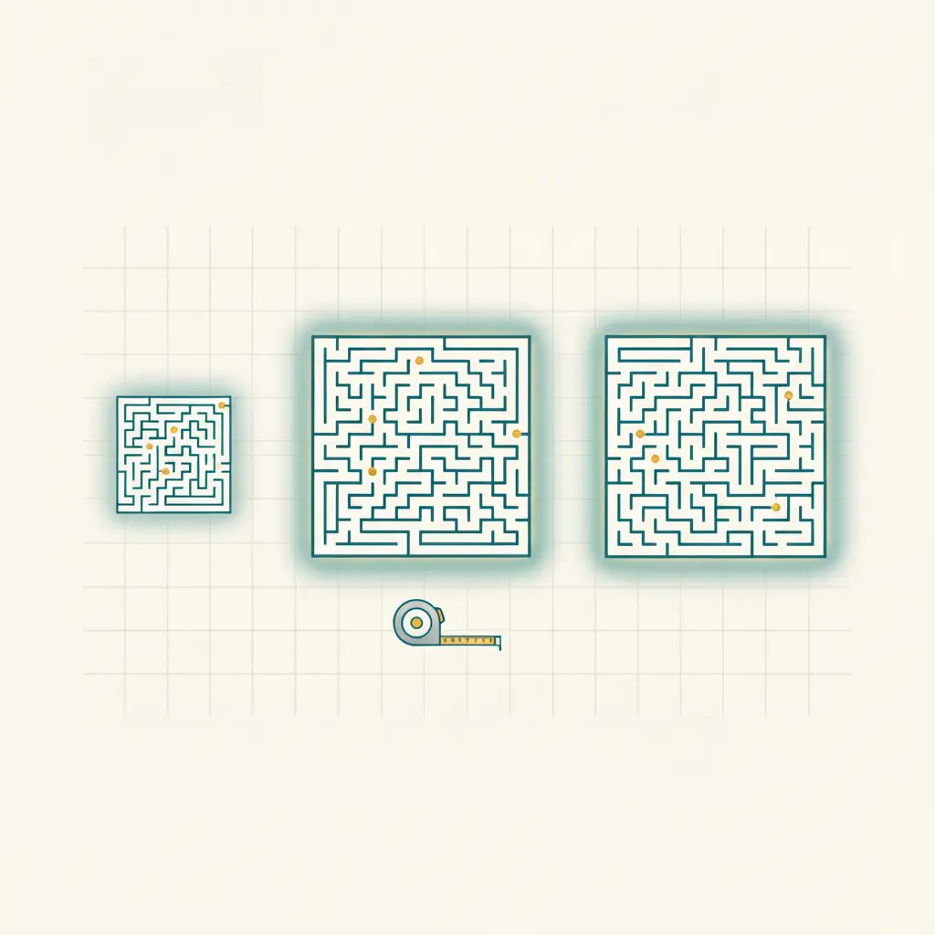 Three maze tiles in different sizes with a measuring tape