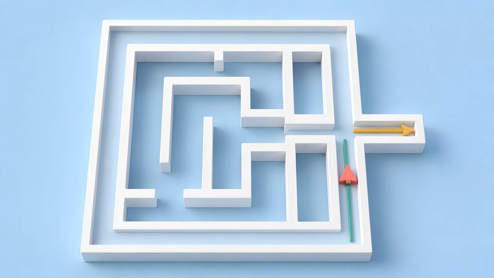 Return-visit concept with a north-facing token approaching an eastward goal branch.