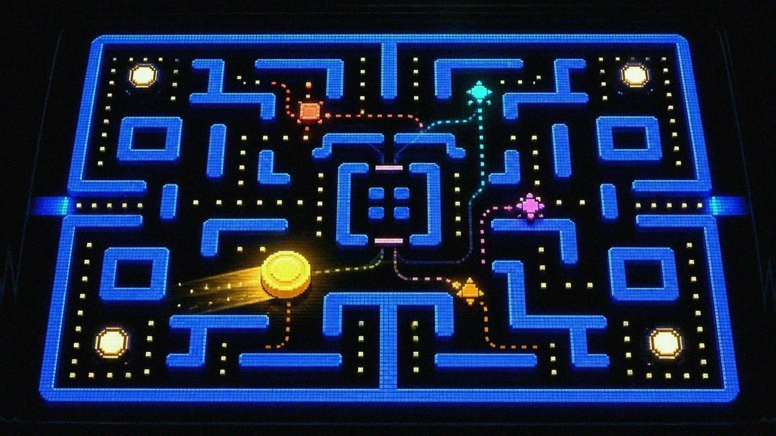 Neon blue arcade-style maze layout with symmetric corridors on a dark background