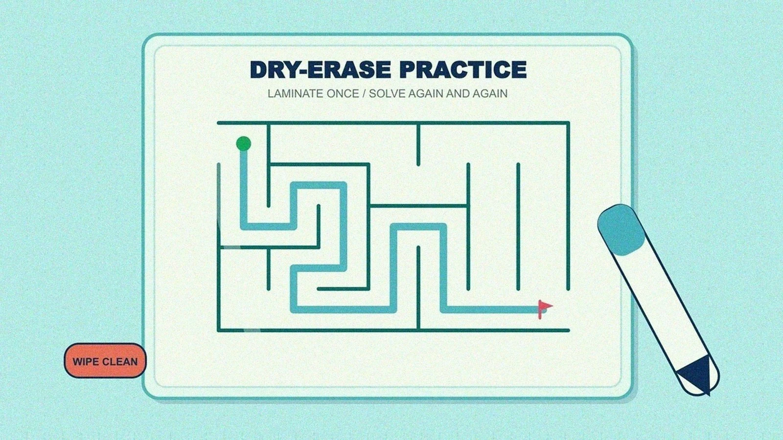 Laminated printable maze in a sheet protector being solved with a dry-erase marker