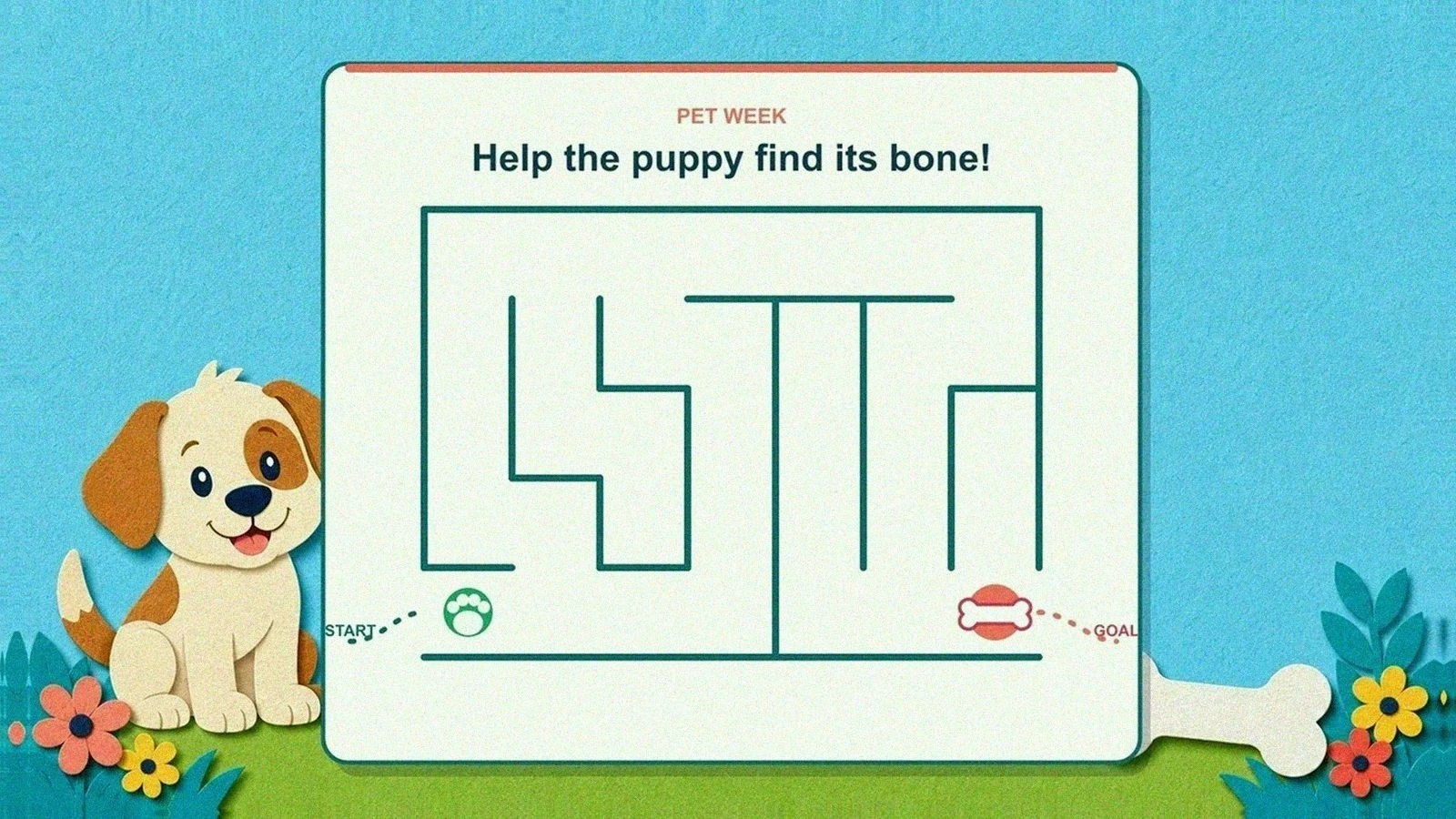 Themed animal maze worksheet for preschoolers with a cartoon character at the start and goal