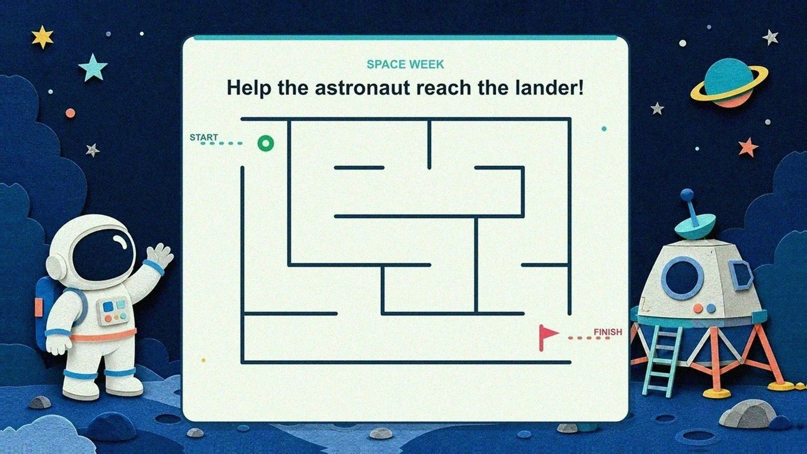Straight-on space-week maze worksheet reading Help the astronaut reach the lander, with a green start marker and pink finish flag