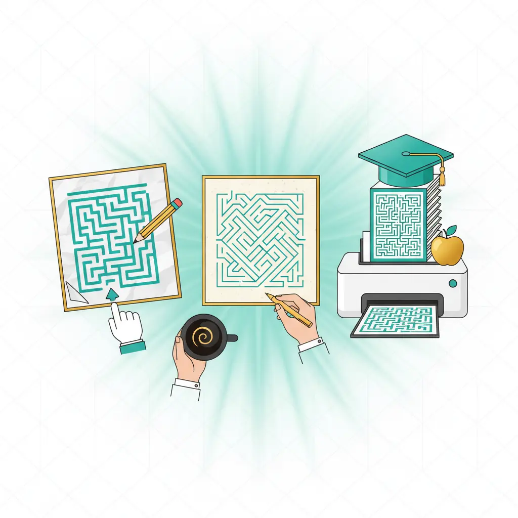 Printable maze collage for kids, adults, and classrooms