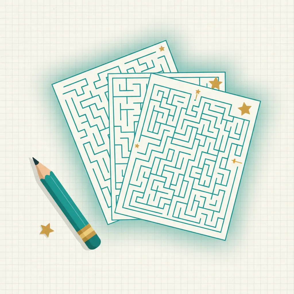 Stack of printable maze worksheets with a pencil