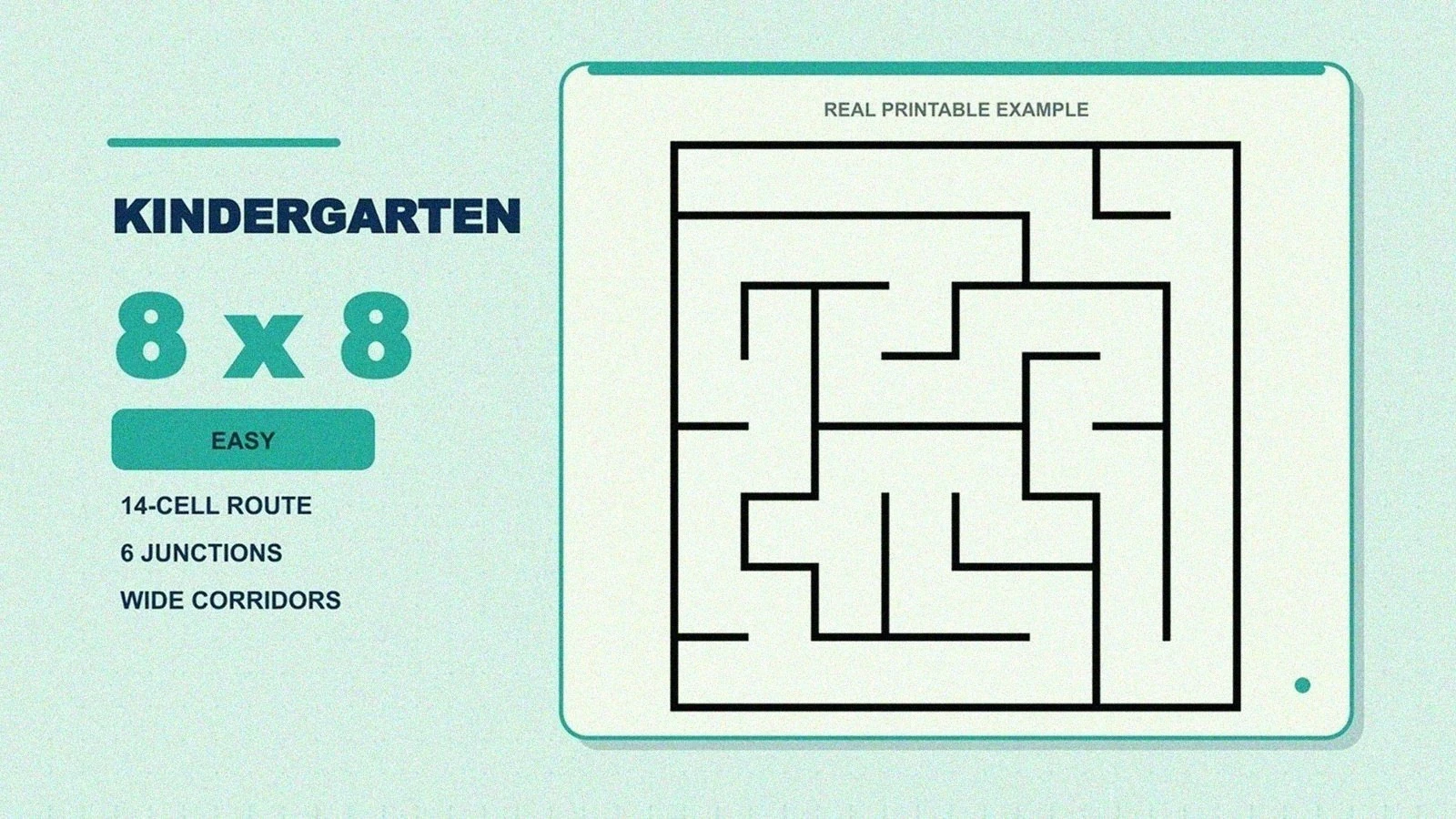 Kindergarten maze worksheet, an easy 8x8 printable maze with wide corridors