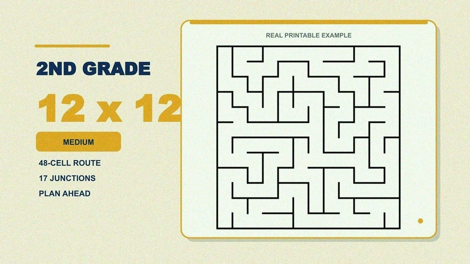 Printable maze for 2nd graders, a 12x12 medium maze worksheet