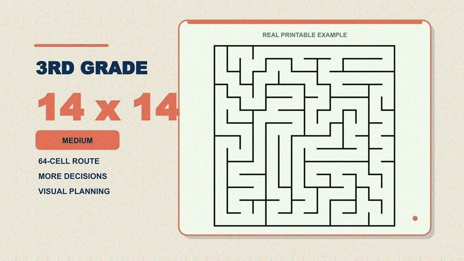 Printable maze for 3rd graders, a 14x14 medium maze worksheet