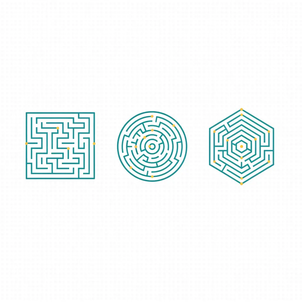 Rectangle, circle, and hex maze icons