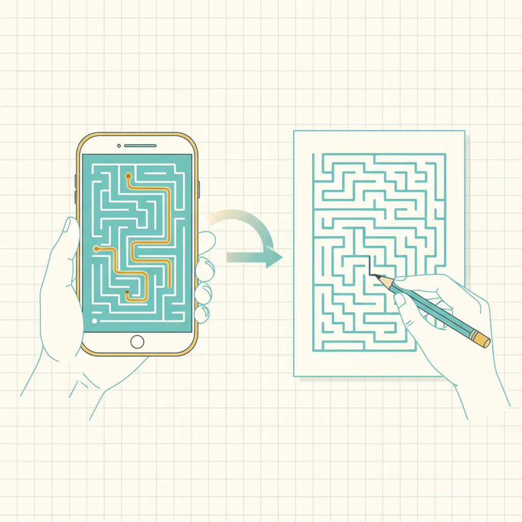 Phone maze solver next to a printed maze sheet