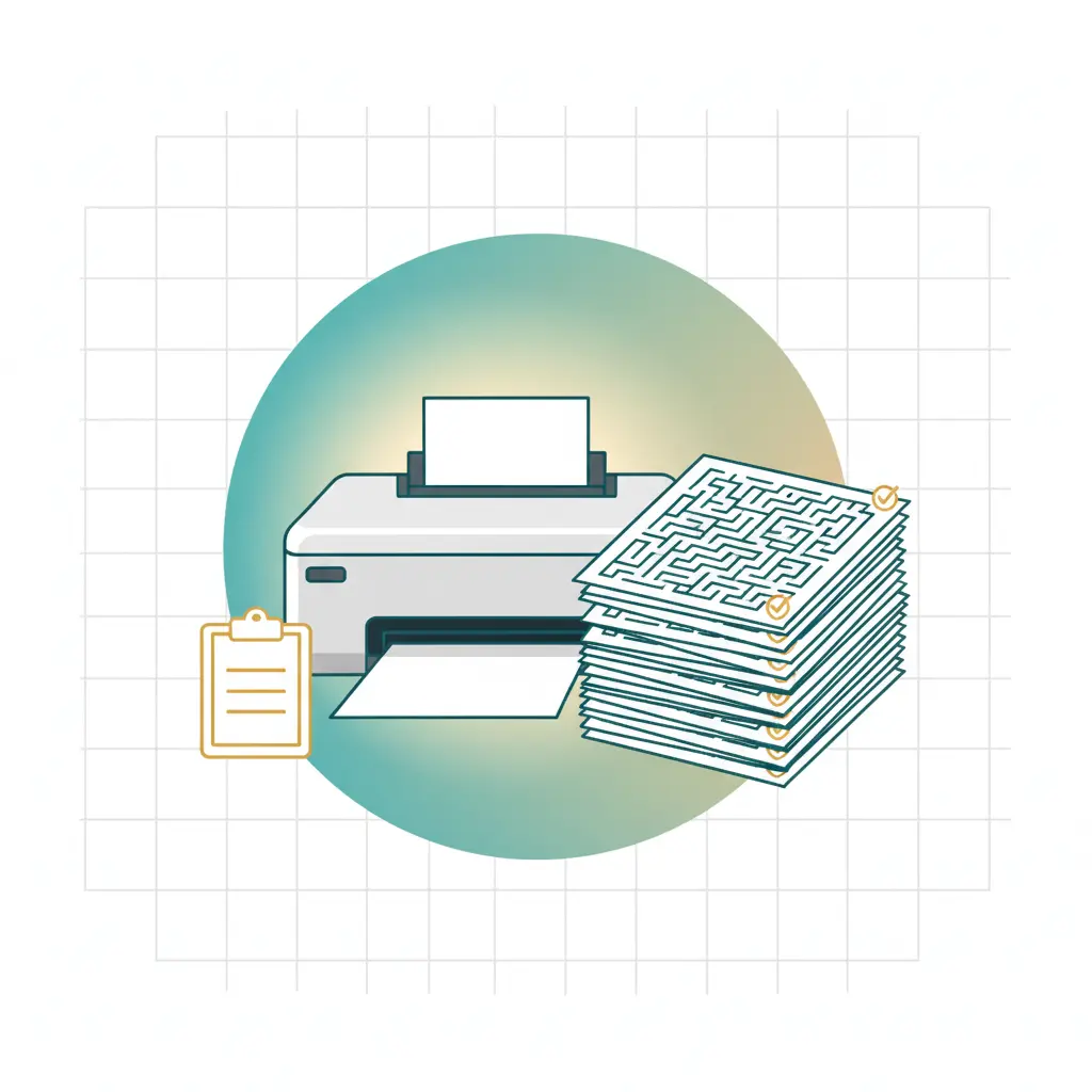 Printer with a stack of maze worksheets and a checklist