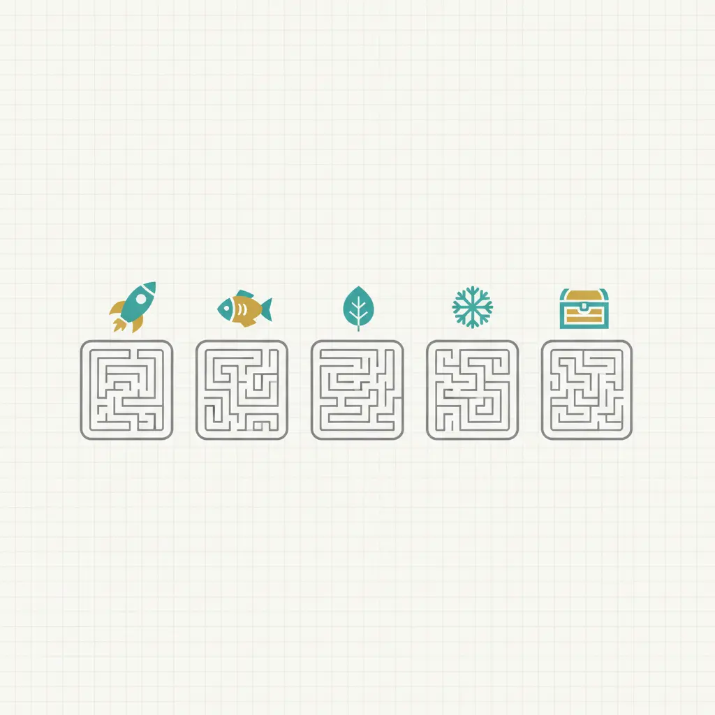 Five themed maze tiles with small icons