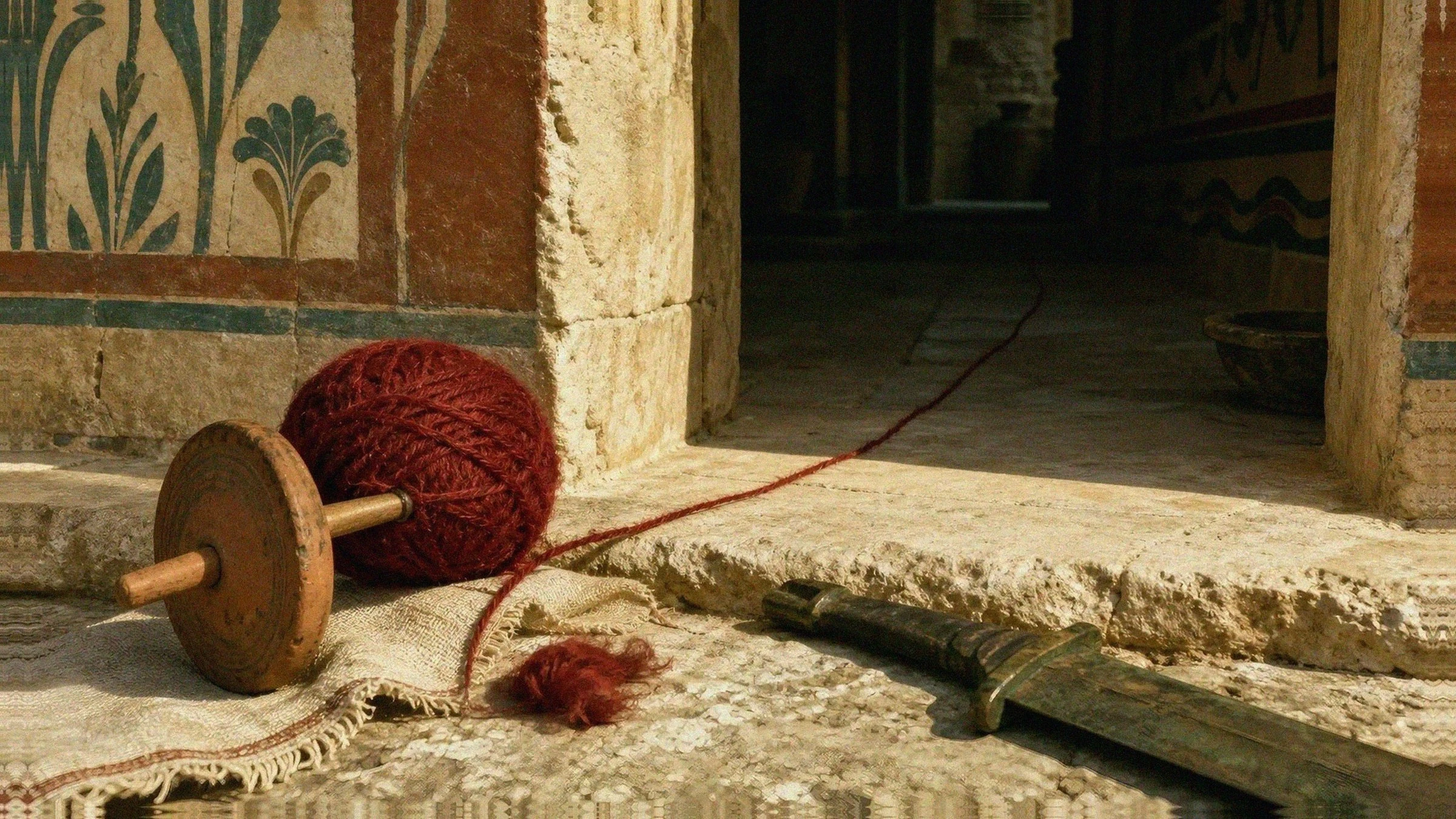Terracotta spindle and red wool thread leading from a palace threshold into a dark corridor beside a bronze sword