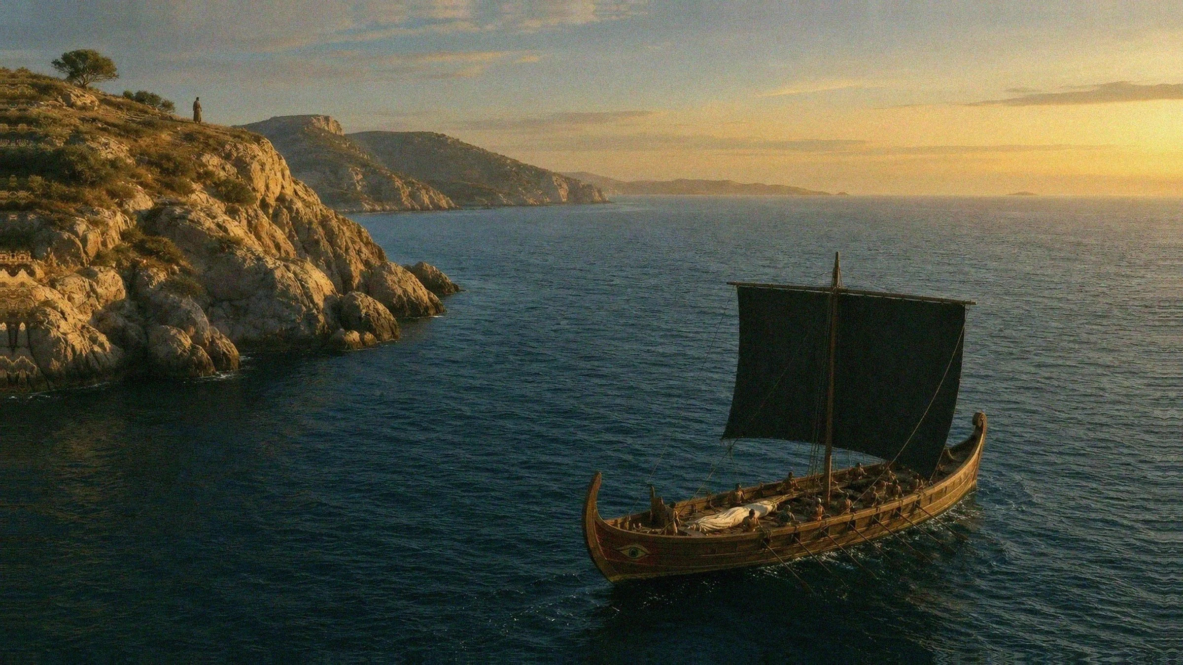 Editorial reconstruction of a Bronze Age Aegean ship returning under a black sail while a figure watches from the coast