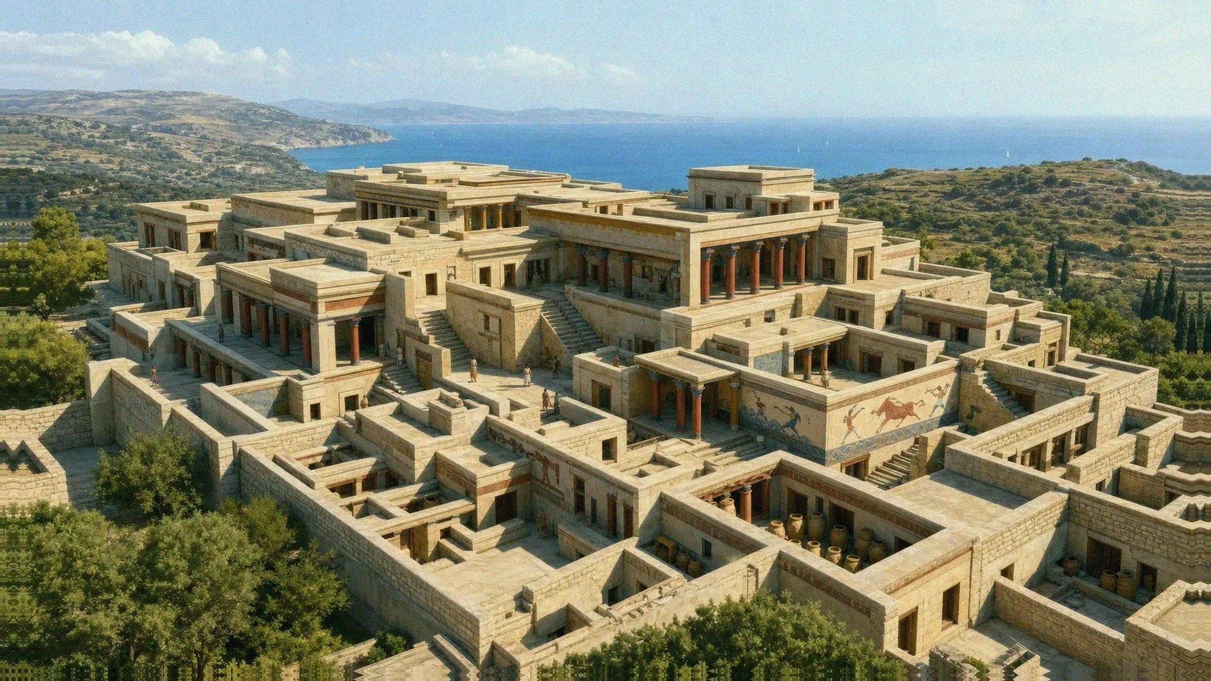 Editorial reconstruction of a Bronze Age Minoan palace on Crete with courtyards, staircases, and maze-like passageways