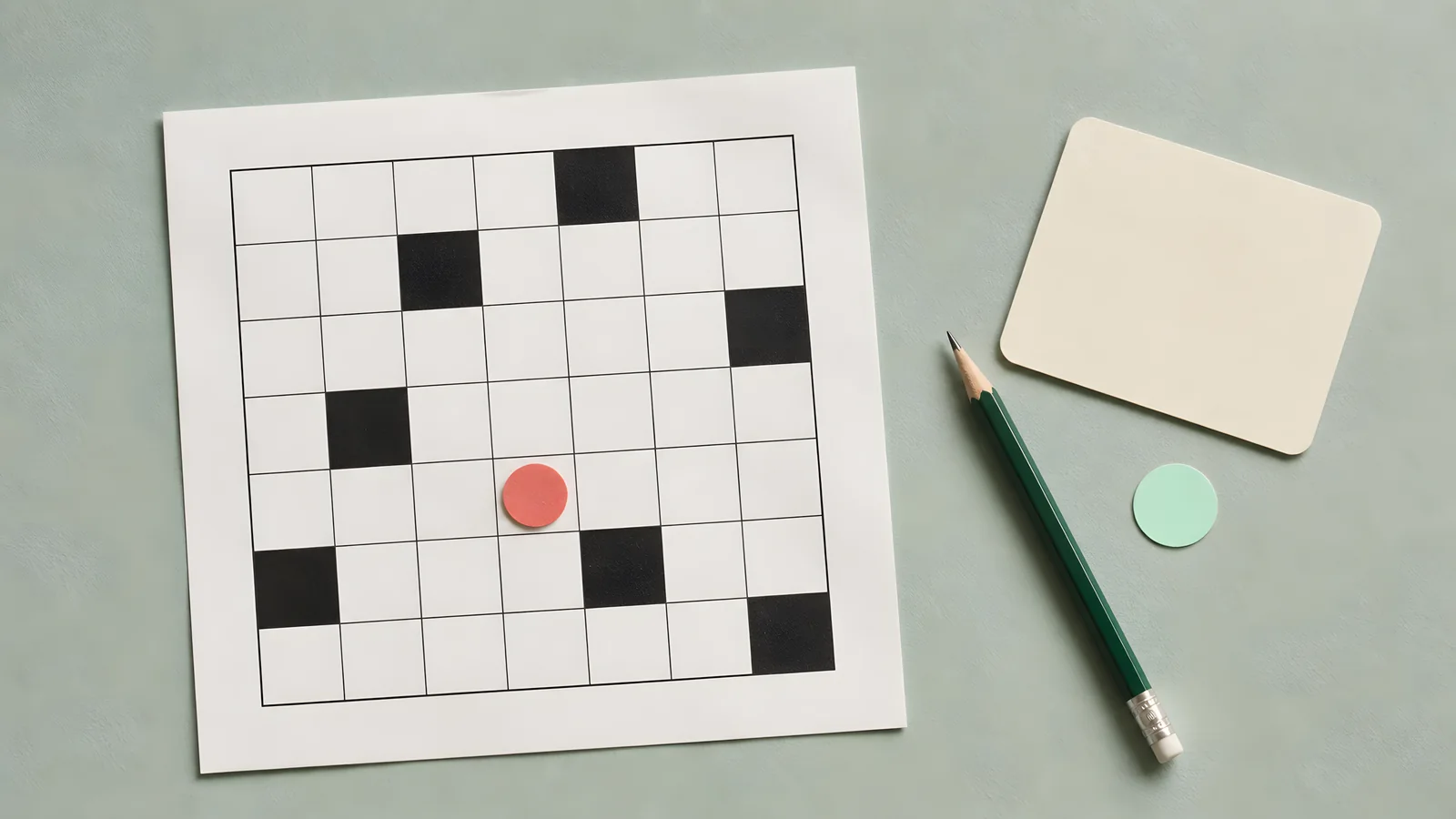 Paper simulation concept with a grid, paper token, and face-down answer card.