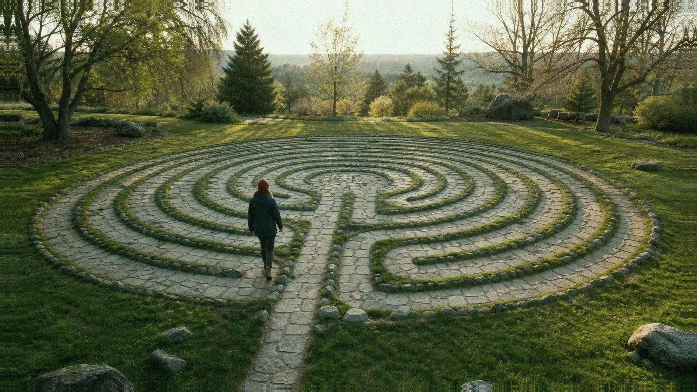 Person walking a stone labyrinth in a quiet garden toward the center
