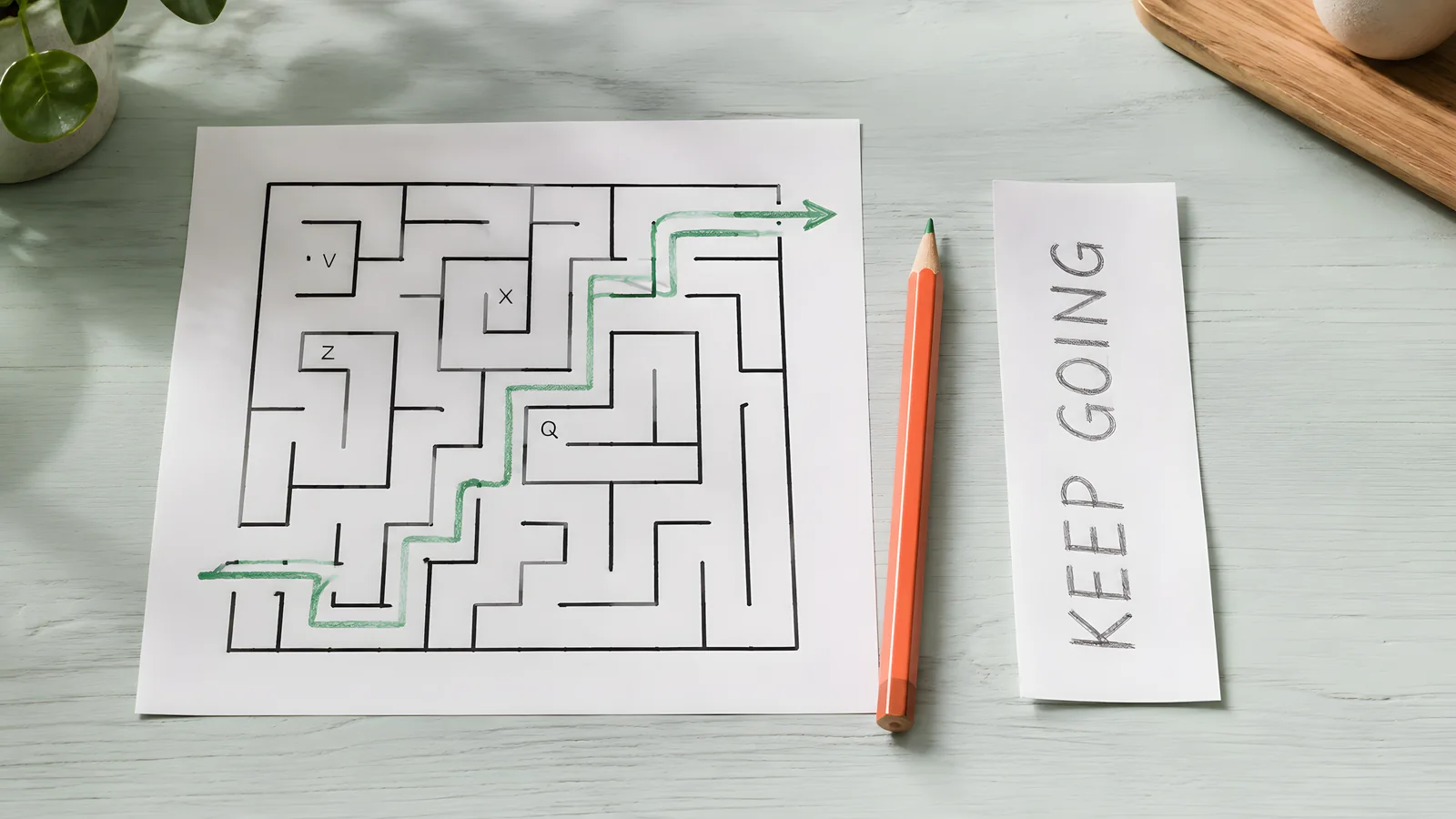 Message-collection concept with a maze and a separate strip reading Keep Going.
