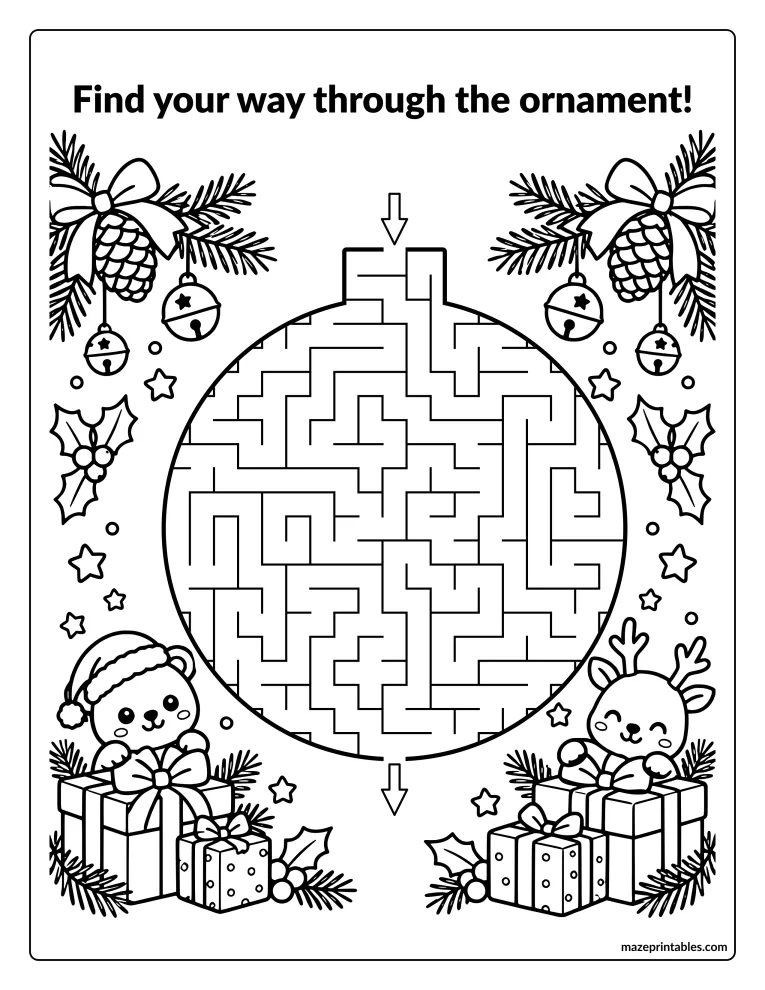 Round ornament-shaped maze framed by pine branches, bells, and presents
