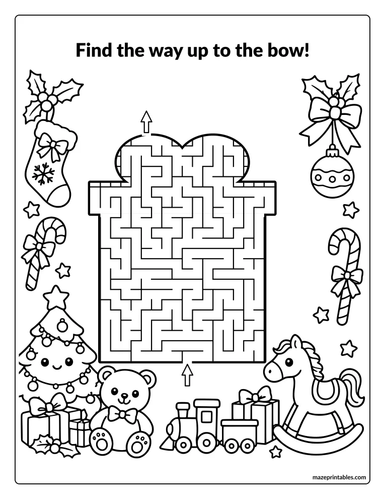Gift-box-shaped maze with a bow on top, surrounded by toys and candy canes