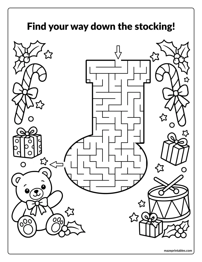 Stocking-shaped maze with a teddy bear, a drum, and candy canes around it