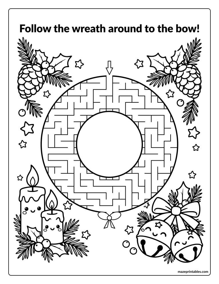 Ring-shaped wreath maze with a bow at the bottom, candles, and jingle bells