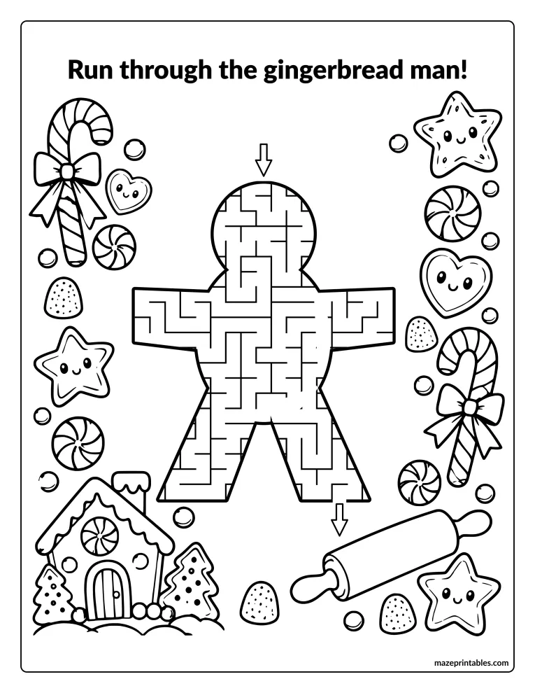 Gingerbread-man-shaped maze surrounded by candy canes, gumdrops, and cookies
