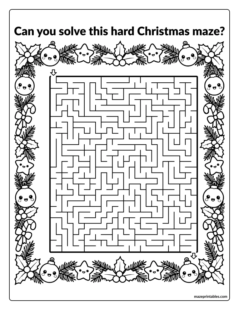 Large grid maze inside a border of holly, ornaments, and candy canes