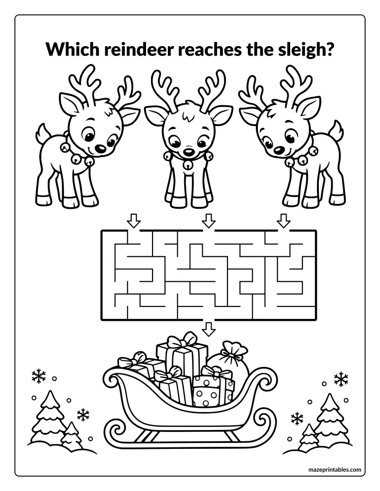 Maze with three reindeer at the top and Santa's sleigh at the bottom