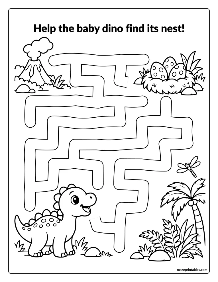 Winding path maze from a baby dinosaur to a nest of eggs