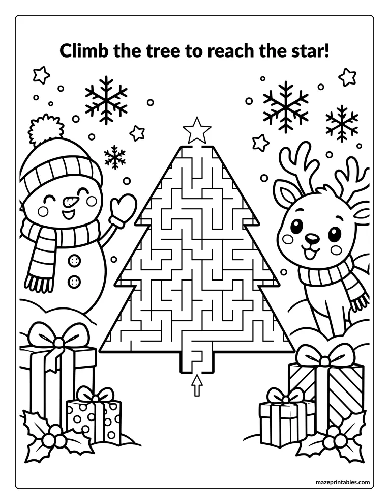 Christmas tree shaped maze with a star, a snowman, a reindeer, and presents