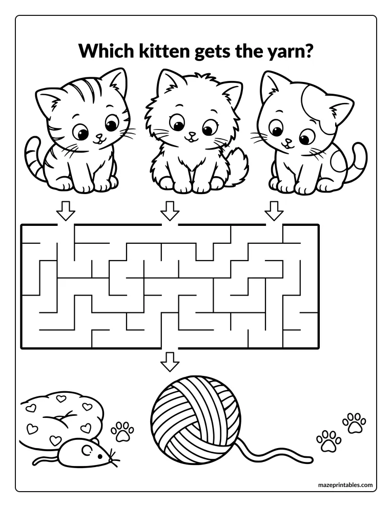 Maze with three kittens at the top and a ball of yarn at the bottom