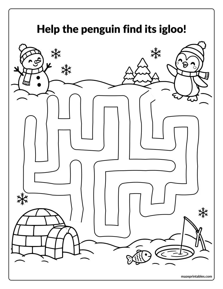 Winding path maze from a penguin to an igloo across the snow