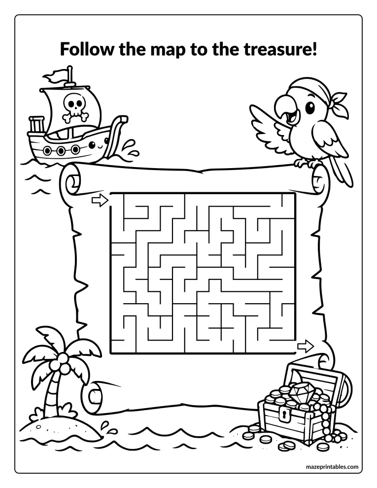 Grid maze on a treasure map scroll with a pirate ship, a parrot, and a treasure chest