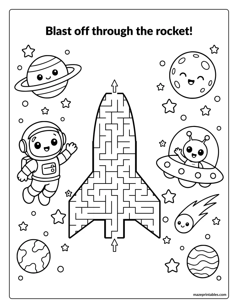 Rocket-shaped maze surrounded by an astronaut, an alien, planets, and stars