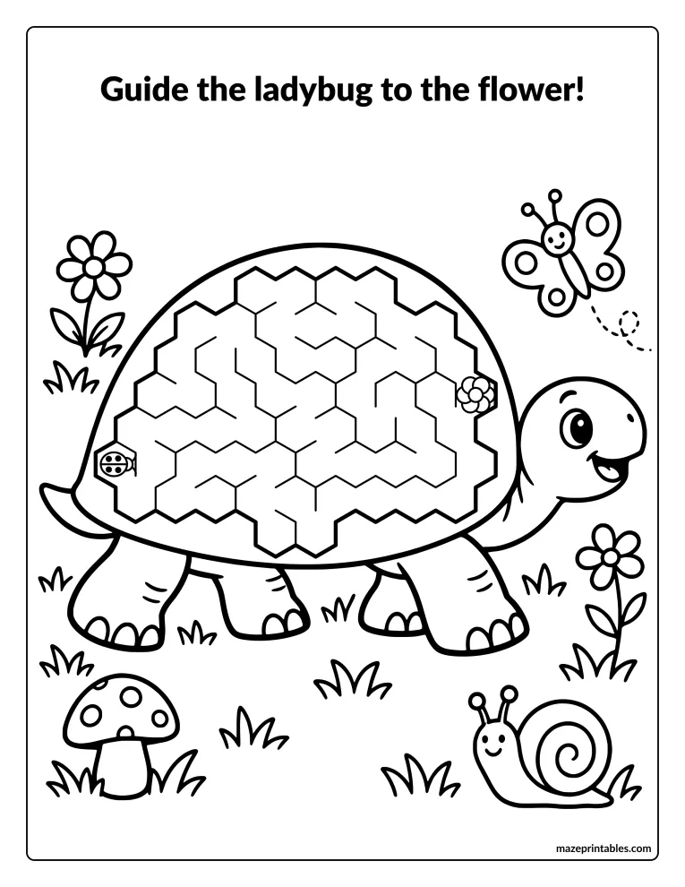 Hexagon maze inside a tortoise shell with a ladybug start and a flower finish